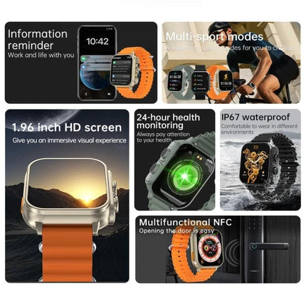 A Smart Watch for Everyday Health and Activity Tracking - collage showing HD screen, 24-hour monitoring, multi-sport modes, waterproof, NFC