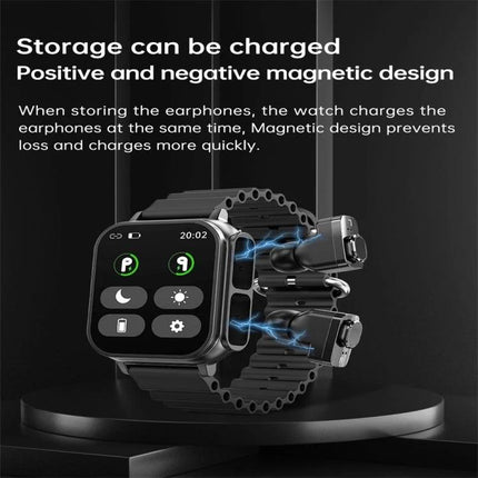 A Smart Watch for Everyday Health and Activity Tracking showing magnetic charging earbuds stored in the watch band, step and sleep monitoring icons visible