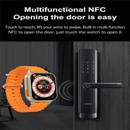 A Smart Watch for Everyday Health and Activity Tracking showing NFC door unlock with orange band and smart lock