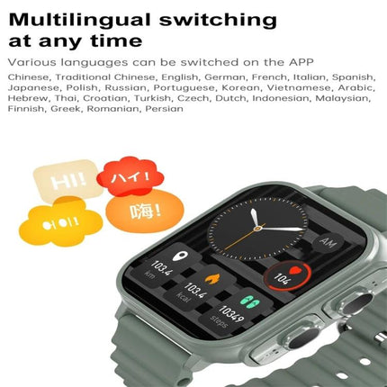 A Smart Watch for Everyday Health and Activity Tracking showing multilingual app support, step count, calories, heart rate, sleep and hydration reminders