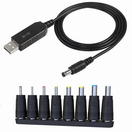 USB 5V to 12V Power Converter Cable for Everyday Devices - black USB to DC12V cable with multiple interchangeable DC tips for routers, cameras, lamps