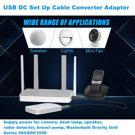 USB 5V to 12V Power Converter Cable for Everyday Devices powering router, speaker, desk lamp and phone from USB power bank