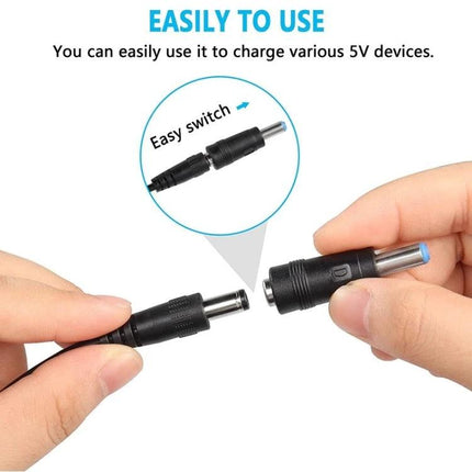 USB 5V to 12V Power Converter Cable for Everyday Devices showing hands connecting easy-switch DC barrel adapters