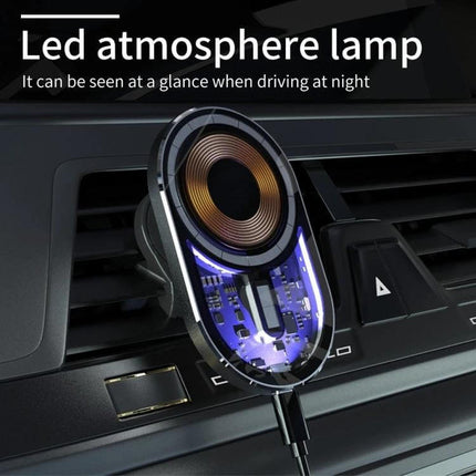 Transparent Car Magnetic Wireless Charger With LED Night Light mounted on car vent with LED atmosphere lamp and visible coil