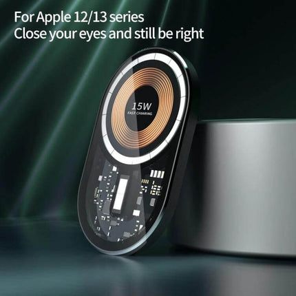 Transparent Car Magnetic Wireless Charger With LED Night Light showcasing transparent design, 15W fast charging coil and aluminum tempered glass finish