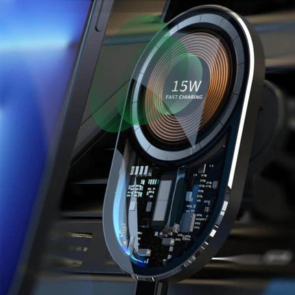 Transparent Car Magnetic Wireless Charger With LED Night Light showing transparent aluminum alloy body, 15W fast charging coil and internal circuitry
