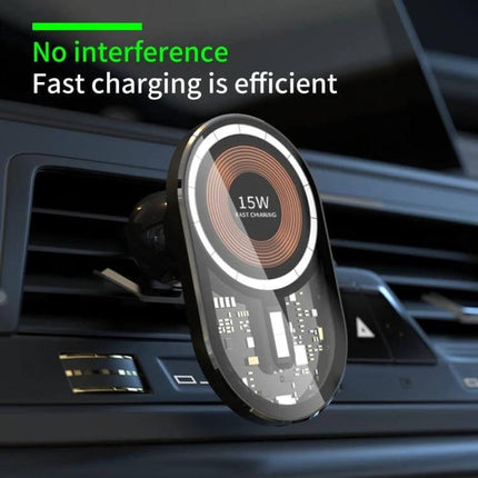 Transparent Car Magnetic Wireless Charger With LED Night Light mounted on vent showing 15W fast charging and transparent design
