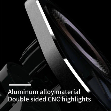 Transparent Car Magnetic Wireless Charger With LED Night Light showing aluminum alloy body, tempered glass and CNC finish for dashboard mounting