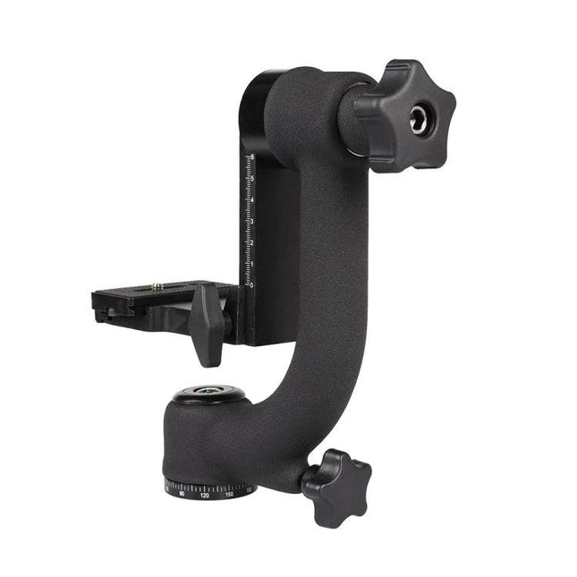 Gimbal Tripod Ball Head for Horizontal Camera Stability shown in matte black with quick-release plate and damping adjustment knobs