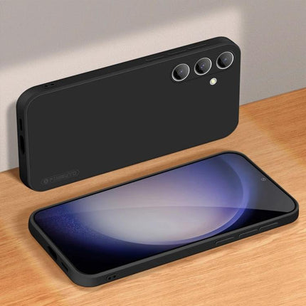 PINWUYO Slim Protective Phone Case for Everyday Use shown in slim black TPU case, front and back view on wooden surface