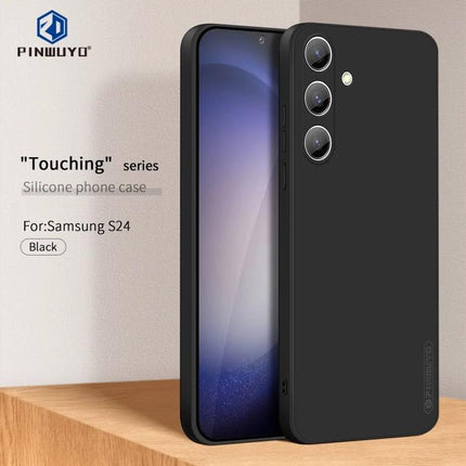 PINWUYO Slim Protective Phone Case for Everyday Use - slim black TPU silicone case showcased on Samsung S24, slim profile protection for commuters and desk workers