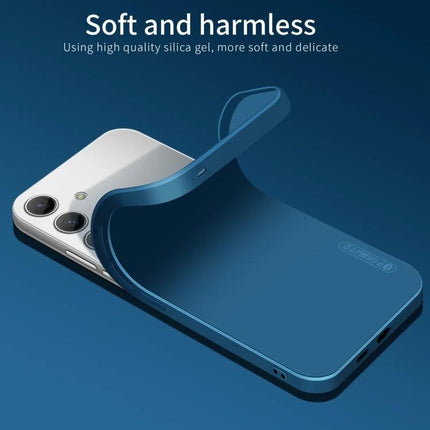 PINWUYO Slim Protective Phone Case for Everyday Use showing slim blue TPU cover partially removed from a smartphone, highlighting soft silica gel material