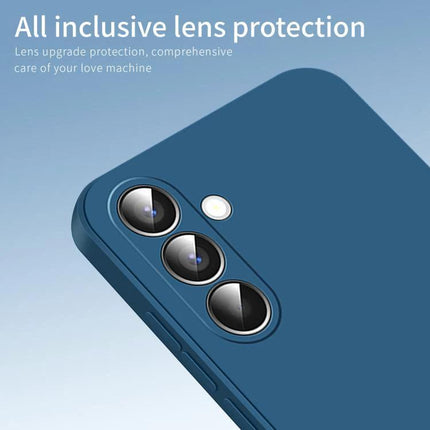PINWUYO Silicone Case for Everyday Samsung Phone Protection showing blue TPU case with raised four-corner and all-inclusive lens protection