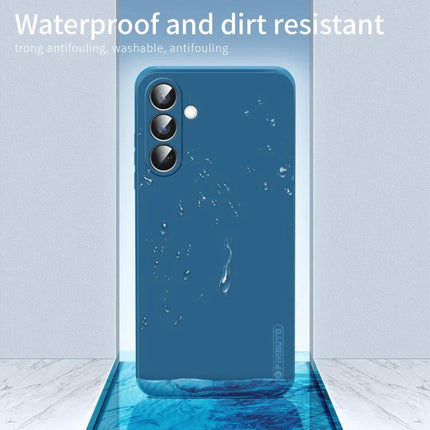 PINWUYO Silicone Case for Everyday Samsung Phone Protection showing waterproof blue TPU case with water droplets and raised camera protection