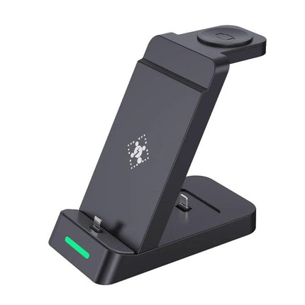 B20 18W Three In One Wireless Charger Stand for iPhone and Apple Watch - black angled view showing phone, watch and AirPods charging positions
