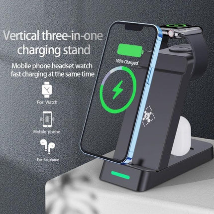 B20 18W Three In One Wireless Charger Stand for iPhone and Apple Watch showing iPhone, Apple Watch and AirPods charging on a vertical black dock