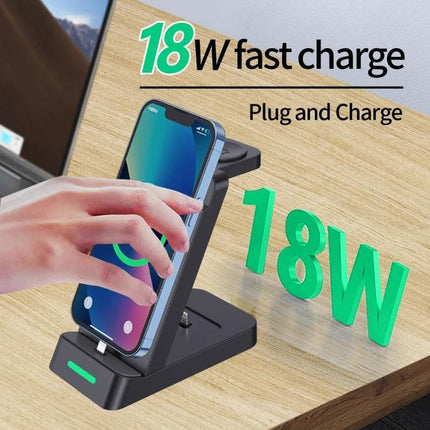 B20 18W Three In One Wireless Charger Stand for iPhone and Apple Watch shown charging iPhone vertically with 18W fast charge on desk