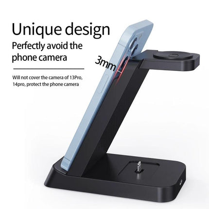 B20 18W Three In One Wireless Charger Stand for iPhone and Apple Watch showing unique design that avoids phone camera and supports vertical and horizontal viewing