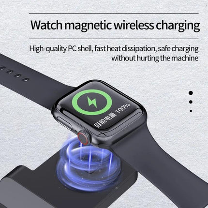 B20 18W Three In One Wireless Charger Stand for iPhone and Apple Watch showing Apple Watch magnetic charging on black stand, fast safe charging