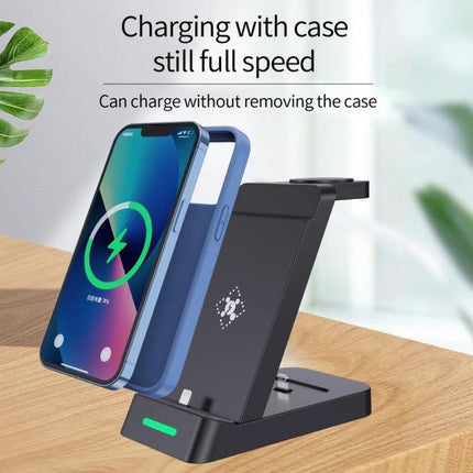 B20 18W Three In One Wireless Charger Stand for iPhone and Apple Watch showing phone charging with case and watch/earbud dock on desktop
