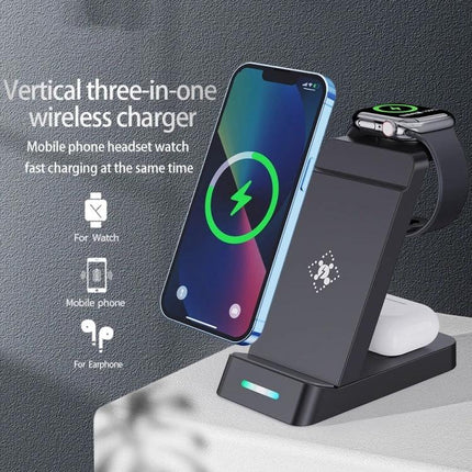 B20A 15W Qi Wireless Charger Stand For IPhone Apple Watch AirPods vertical three-in-one charging stand showing iPhone Apple Watch and AirPods