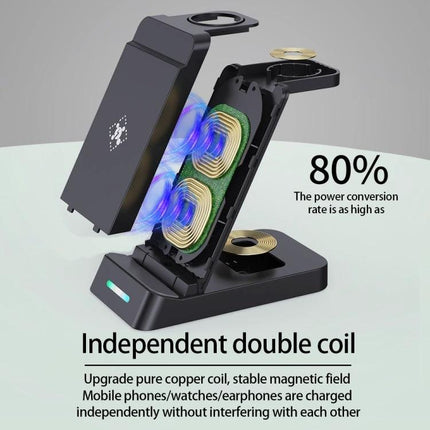 B20A 15W Qi Wireless Charger Stand For IPhone Apple Watch AirPods - black 3-in-1 foldable stand with independent double coil, Type-C charging