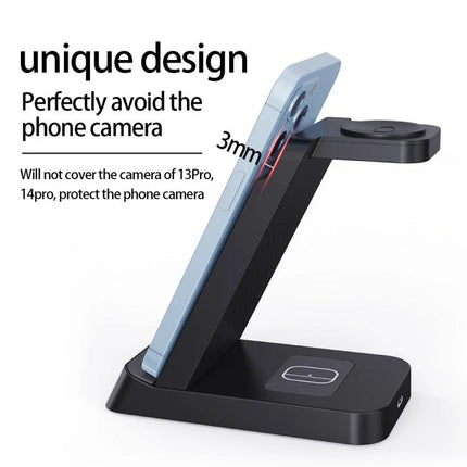 B20A 15W Qi Wireless Charger Stand For IPhone Apple Watch AirPods black 3-in-1 stand showing angled phone placement avoiding camera, AirPods and Watch charging pads