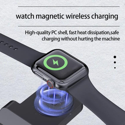 B20A 15W Qi Wireless Charger Stand For IPhone Apple Watch AirPods showing Apple Watch magnetic wireless charging on black stand