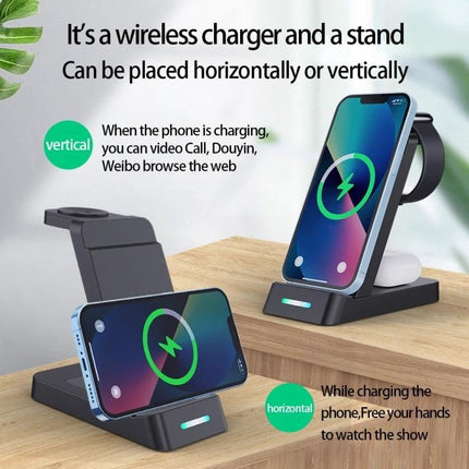 B20A 15W Qi Wireless Charger Stand For IPhone Apple Watch AirPods - black 3-in-1 wireless charging dock with vertical and horizontal phone stand