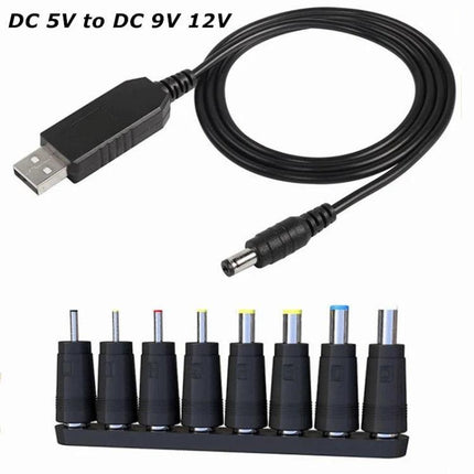 USB Step-Up Voltage Converter Cable for Powering Devices - 5V USB to selectable 9V/12V cable with multiple DC tip adapters for routers, fans, and small electronics