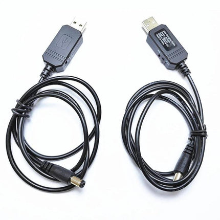 USB Step-Up Voltage Converter Cable for Powering Devices showing USB-A plug, switch module and 5V to 9V/12V barrel connector for powering routers or fans