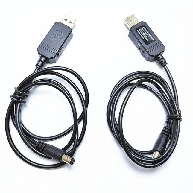 USB Step-Up Voltage Converter Cable for Powering Devices showing USB-A plug, switch module and 5V to 9V/12V barrel connector for powering routers or fans