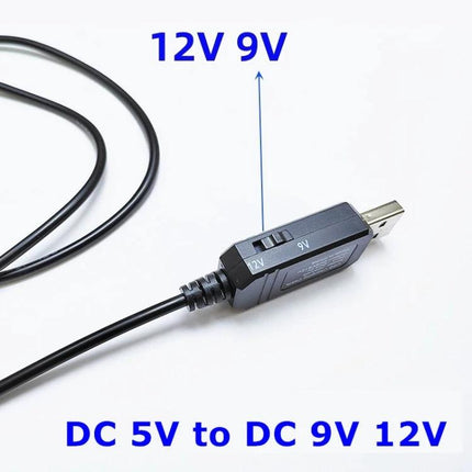 USB Step-Up Voltage Converter Cable for Powering Devices - USB cable with switch converting 5V input to selectable 9V or 12V output for routers and fans