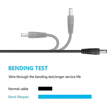 USB Step-Up Voltage Converter Cable for Powering Devices showing durable cable bending test and DC barrel connectors