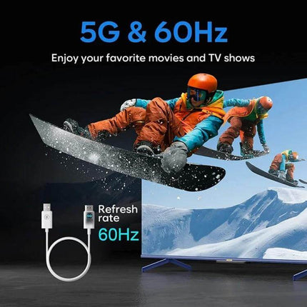 Acsurpo Wireless HDMI Transmitter and Receiver Kit for Projecting to TV showing snowboarder action on TV with 5G 60Hz refresh rate