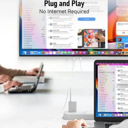 Acsurpo Wireless HDMI Transmitter and Receiver Kit for Projecting to TV showing laptop connected wirelessly to large wall TV - plug and play, no internet required