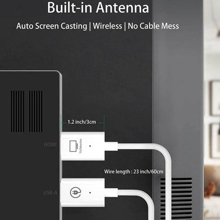 Acsurpo Wireless HDMI Transmitter and Receiver Kit for Projecting to TV plugged into TV showing built-in antenna and cable-free screen casting