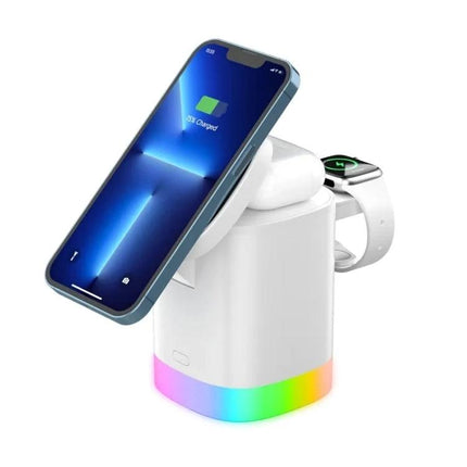 T15 Magnetic MagSafe Wireless Charger Folding Stand For IPhone IWatch AirPods showing iPhone, AirPods and Apple Watch charging with RGB base