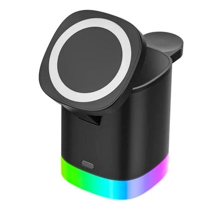 T15 Magnetic MagSafe Wireless Charger Folding Stand For IPhone IWatch AirPods - black folding 3-in-1 magnetic charger with RGB base and hands-free stand