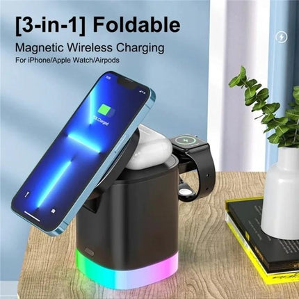 T15 Magnetic MagSafe Wireless Charger Folding Stand For IPhone IWatch AirPods showing phone, AirPods and Apple Watch charging on a foldable RGB desktop stand