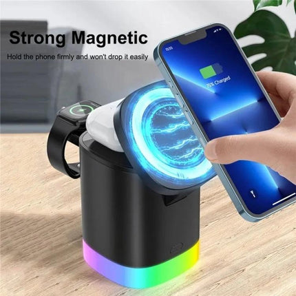 T15 Magnetic MagSafe Wireless Charger Folding Stand For IPhone IWatch AirPods showing phone, iWatch and AirPods charging with RGB base and folding magnetic pad