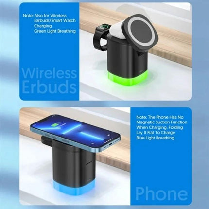 T15 Magnetic MagSafe Wireless Charger Folding Stand For IPhone IWatch AirPods compact 3-in-1 foldable stand with RGB base and strong magnetic adsorption