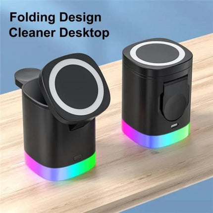 T15 Magnetic MagSafe Wireless Charger Folding Stand For IPhone IWatch AirPods black folding stand with RGB base showing folded and upright positions