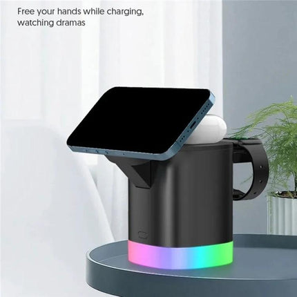 T15 Magnetic MagSafe Wireless Charger Folding Stand For IPhone IWatch AirPods on desk with phone, AirPods, RGB base and folded stand