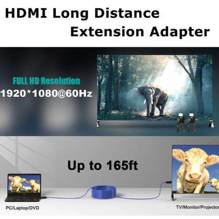 HDMI Extender for Extending Video and Audio up to 165 Feet showing long-distance HDMI over Ethernet cable with 1080p display and devices