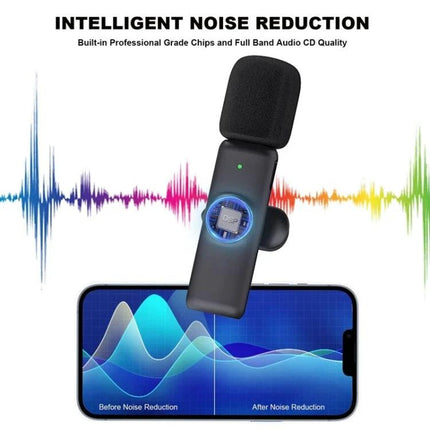 Lavalier Microphone for Everyday Video Calls and Podcasts shown clipped to phone with intelligent noise reduction and before/after audio waveforms