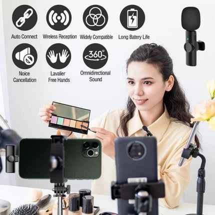 Lavalier Microphone for Everyday Video Calls and Podcasts — wireless lavalier mic clipped to host during a makeup vlog with phones and features icons