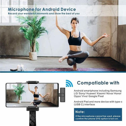 Lavalier Microphone for Everyday Video Calls and Podcasts - wireless lav mic clipped to a yoga instructor for clear Android phone recordings