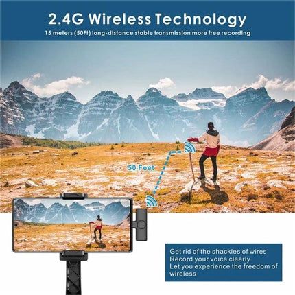 Lavalier Microphone for Everyday Video Calls and Podcasts - wireless lavalier shown transmitting clear audio to phone from 50 feet in outdoor vlog scene
