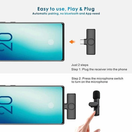 Lavalier Microphone for Everyday Video Calls and Podcasts wireless plug-and-play lavalier setup with USB-C receiver attached to Android phone